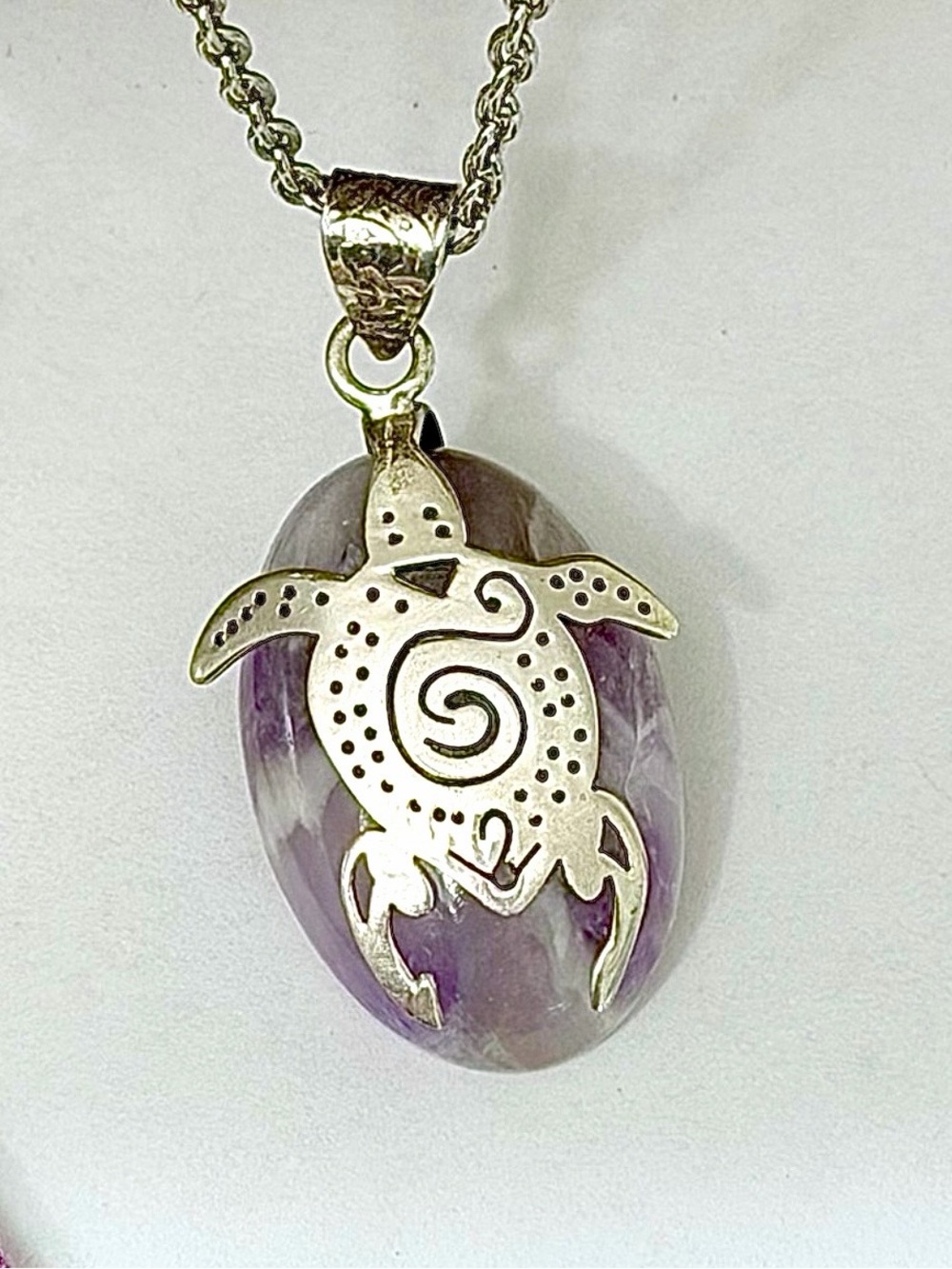 Southwestern Amethyst Chevron Crystal Healing Sterling Silver Turtle Pendant